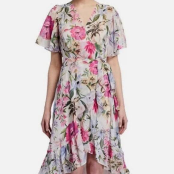 Calvin Klein White Pink Ruffle Faux Wrap Side Tie Floral Above Knee Mini Dress 8 - Picture 3 of 8